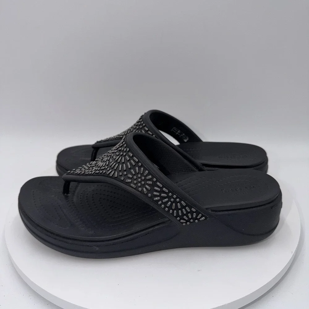 Crocs Monterey Diamante Wedge Flip Flops Black Women's Size 8 Boho Comfort